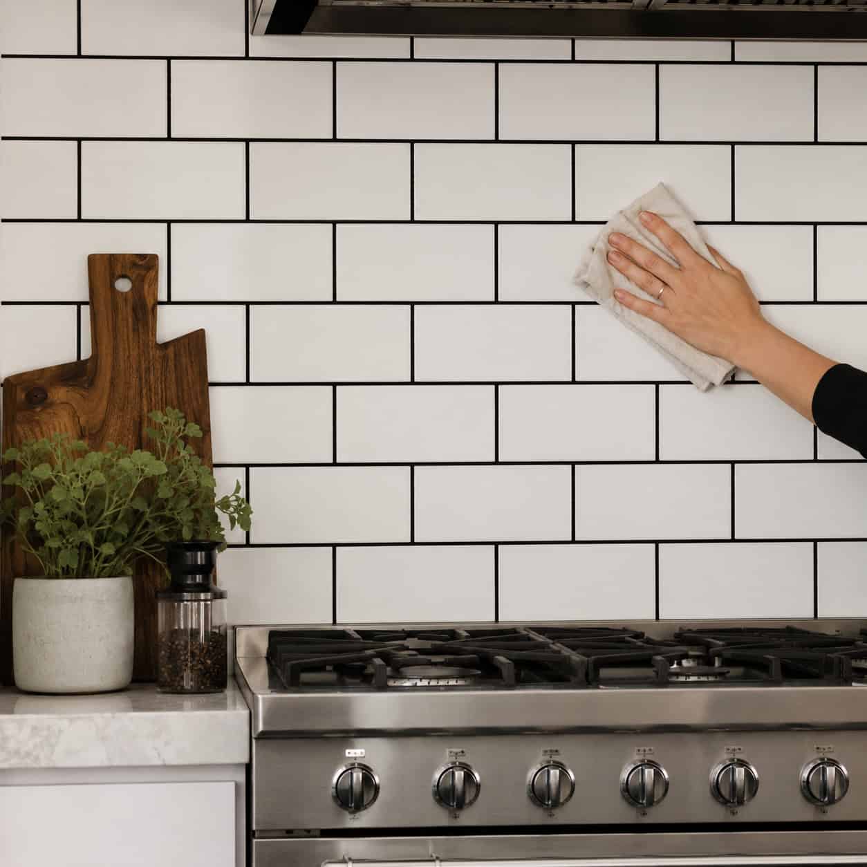 High-Contrast Black-and-White with Dark-Grout Subway Tile