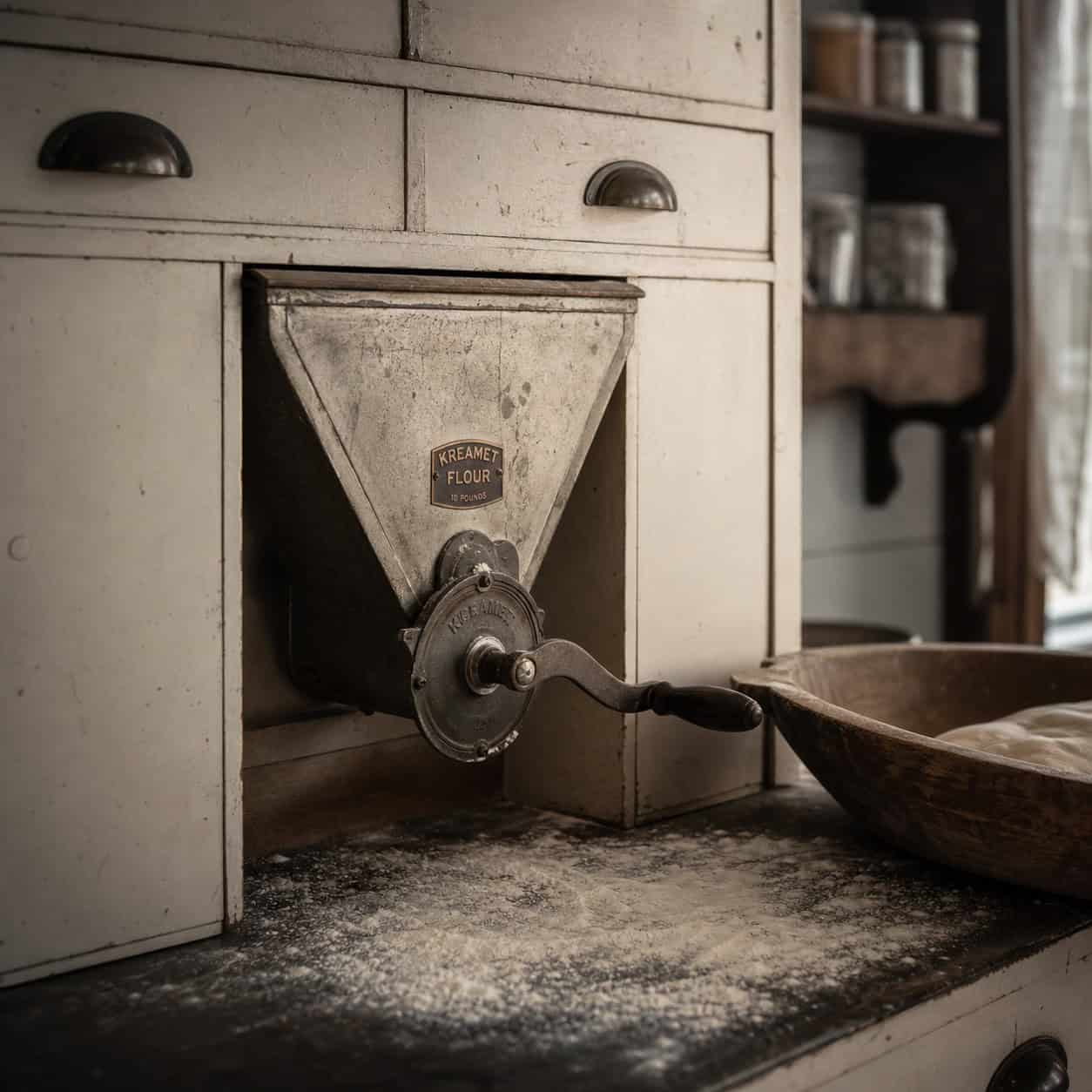 The built-in flour bin with a crank sifter