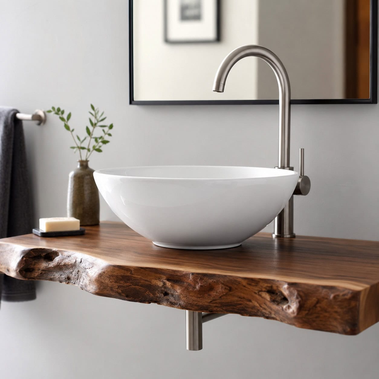 White Vessel Sink on a Floating Slab