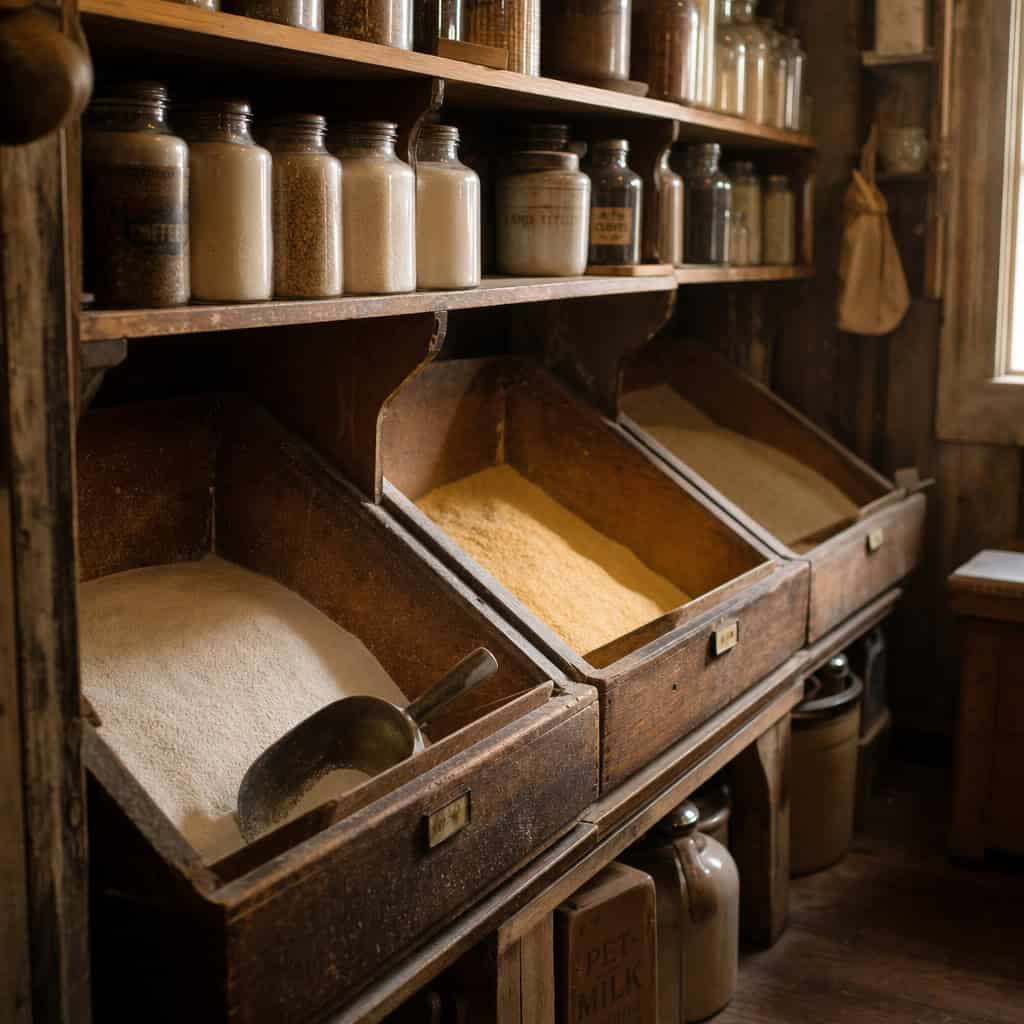 The walk-in pantry with sloped dry-goods bins