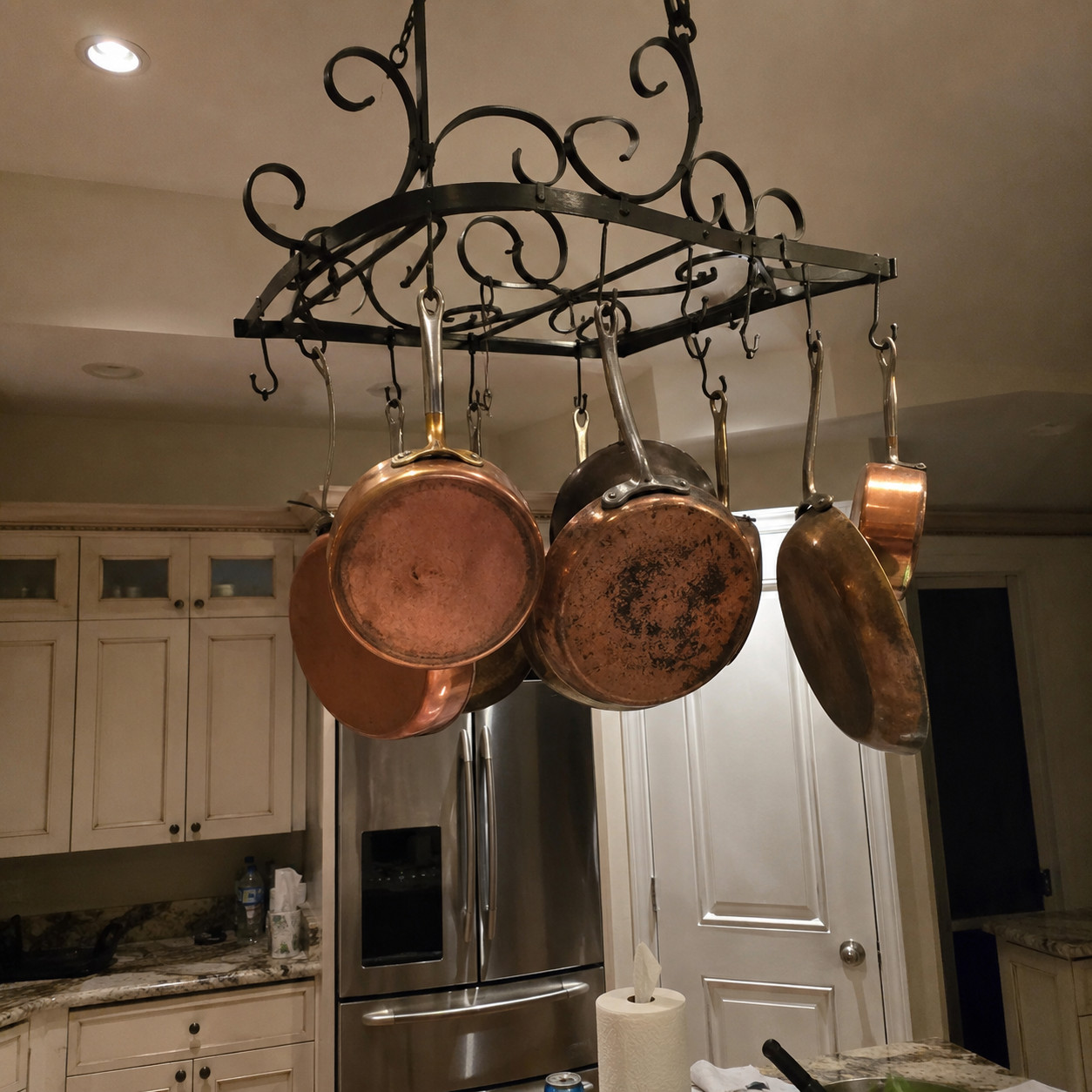 Wrought-iron pot rack overhead