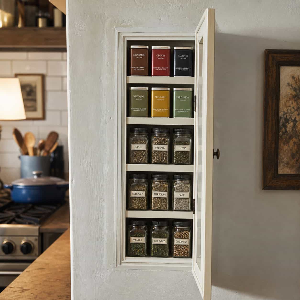 The spice cabinet hidden between the studs