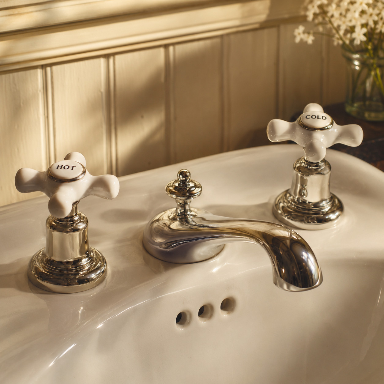 Porcelain Cross-Handle Hot & Cold Faucets