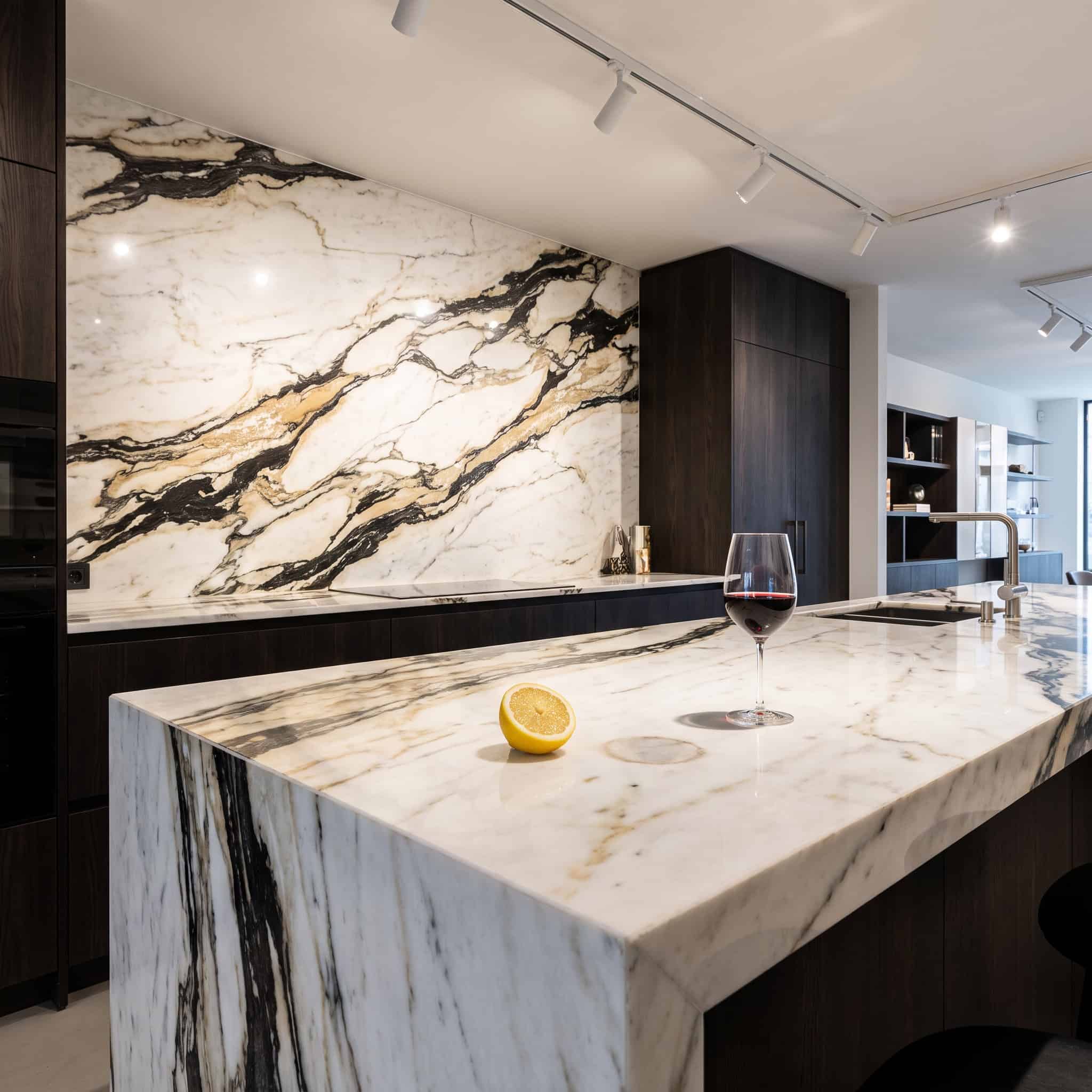 Bold, heavily-veined statement countertops
