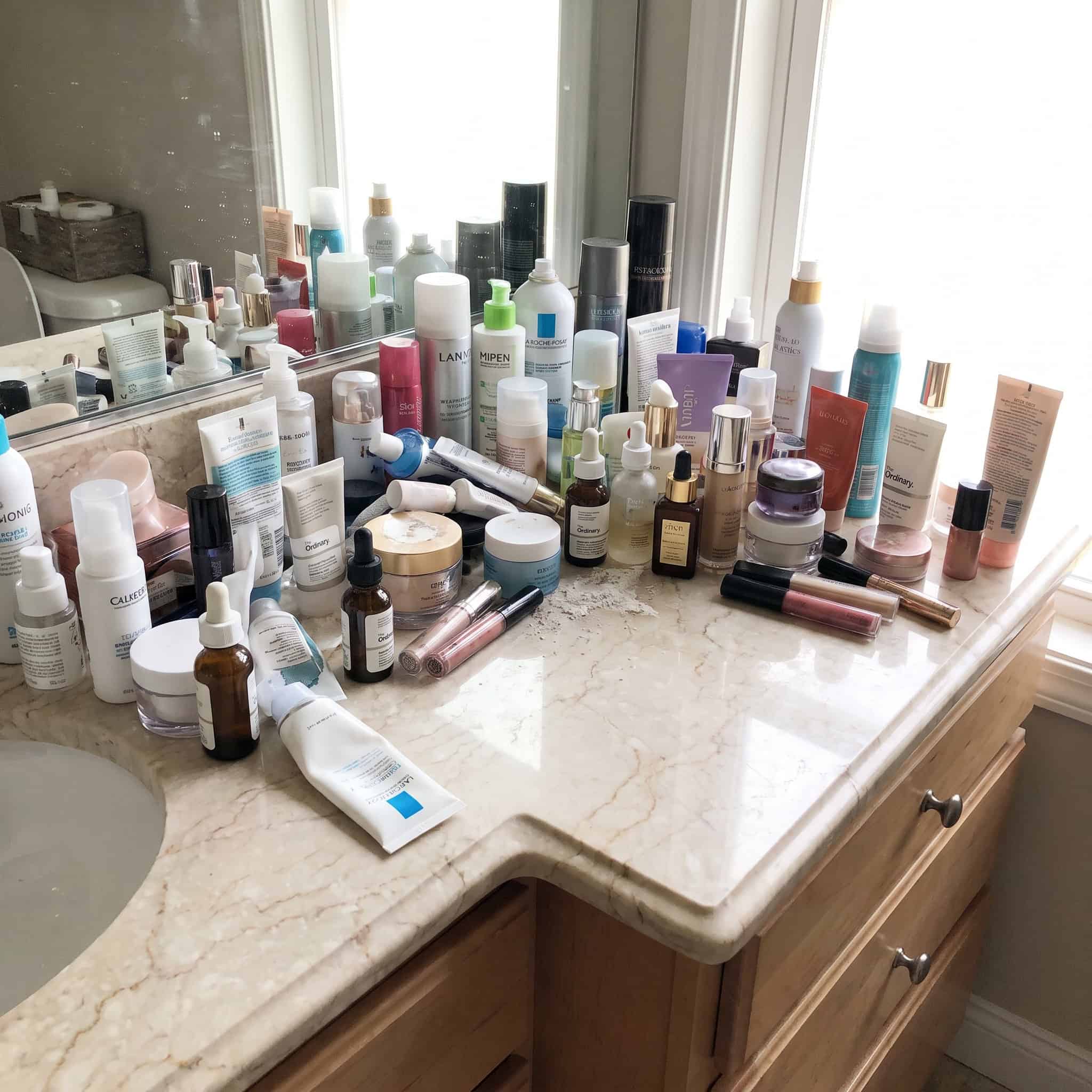 A Cluttered Vanity Countertop