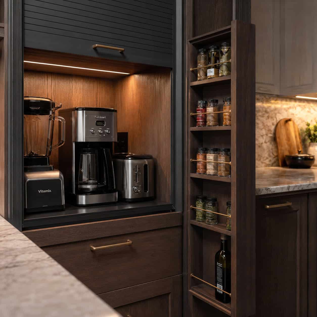 Rigid built-ins: appliance garages and custom spice racks