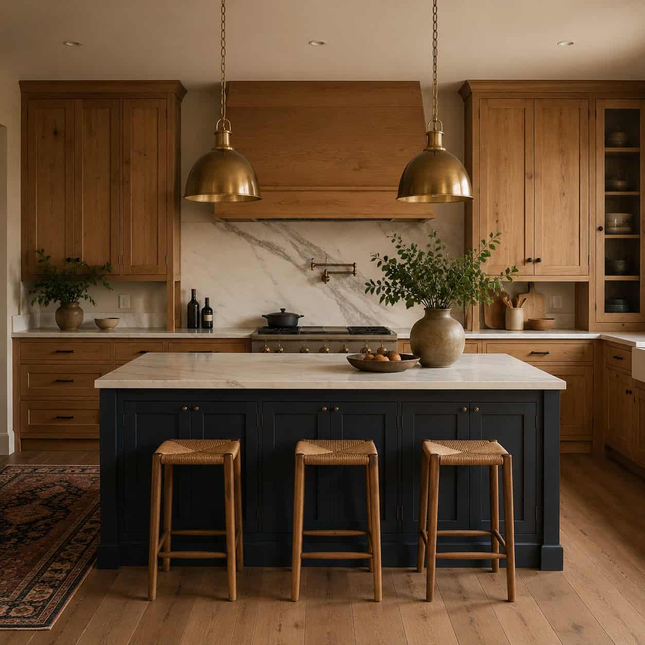 Deep Blue and Green Cabinets with Natural Wood and Stone