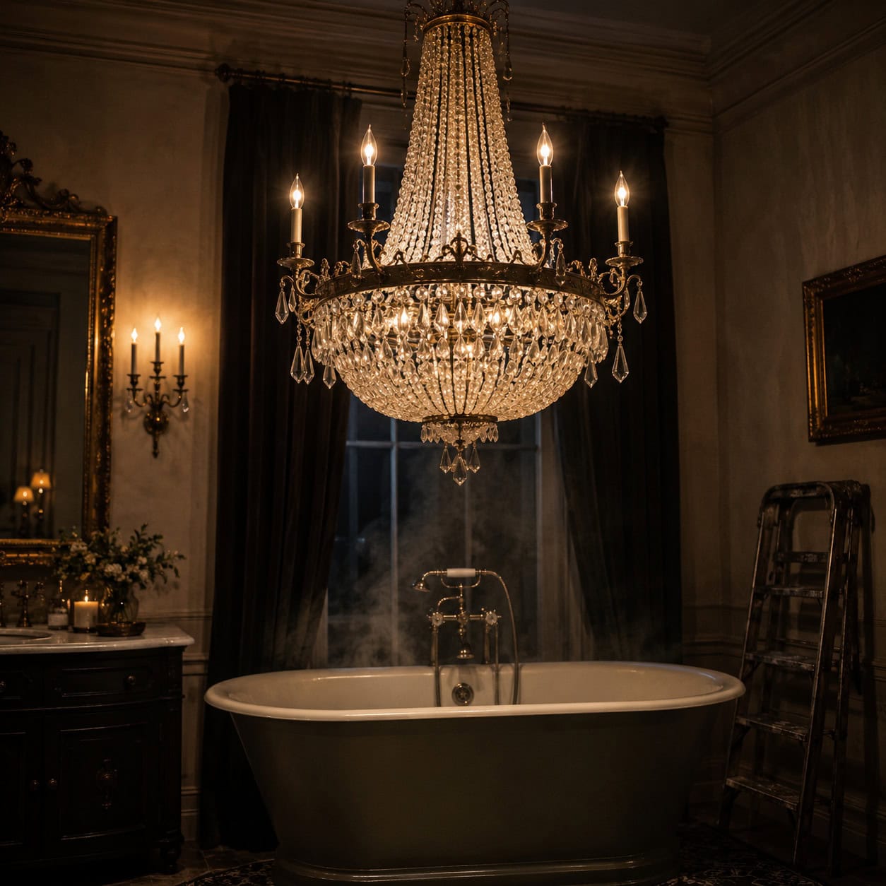 Statement Chandelier Over the Tub