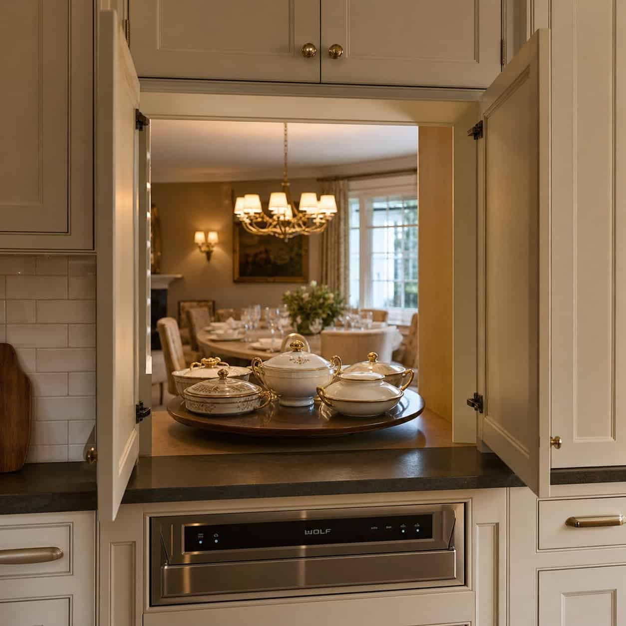 The warming drawer and pass-through cupboard