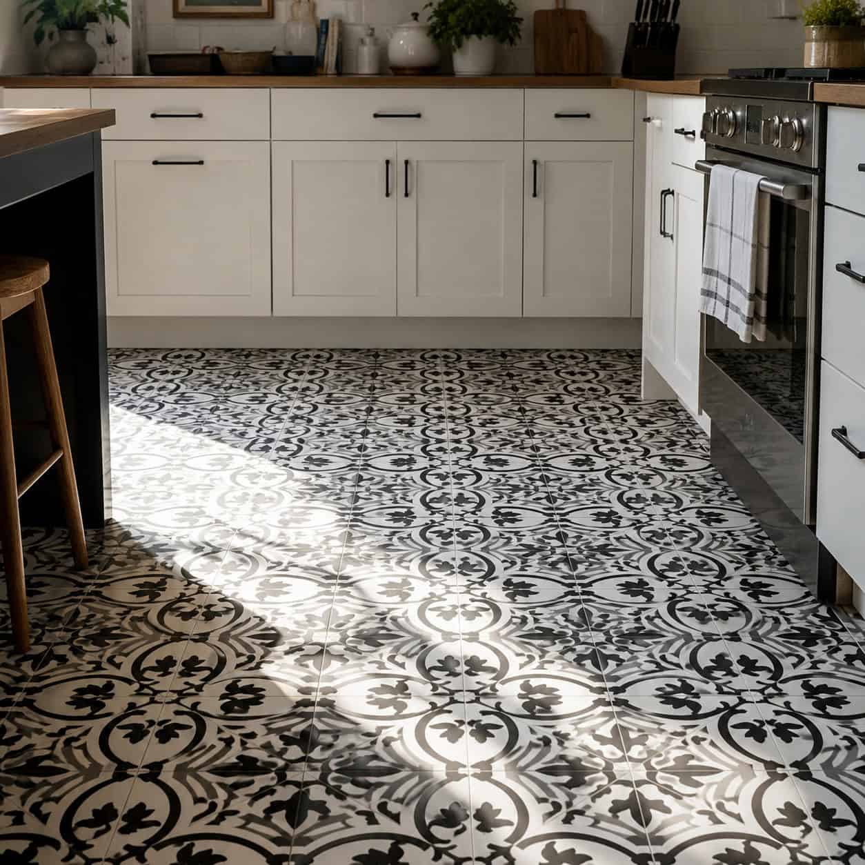 Bold patterned floor tiles