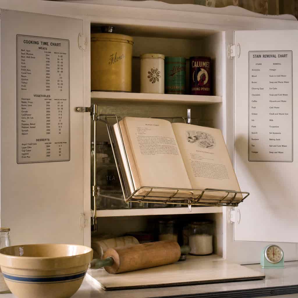 The cookbook holder and cabinet door charts