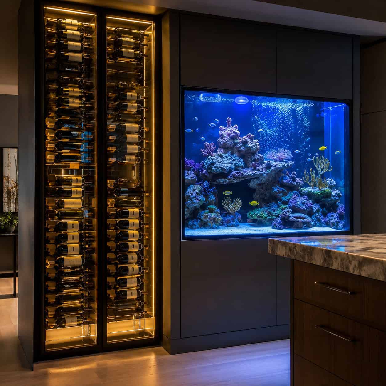 Freestanding Wine Cellars & Aquariums in the Kitchen