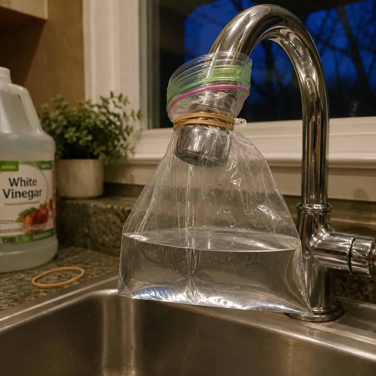 A Vinegar-Filled Bag Rubber-Banded Over the Faucet Spout