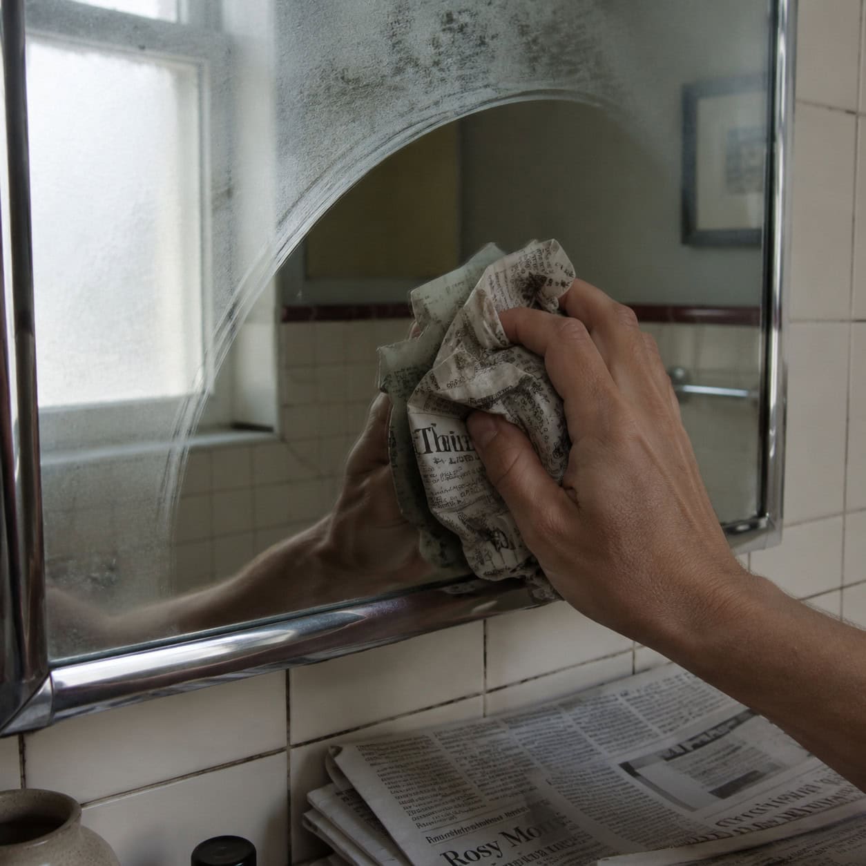Crumpled Newspaper on the Bathroom Mirror
