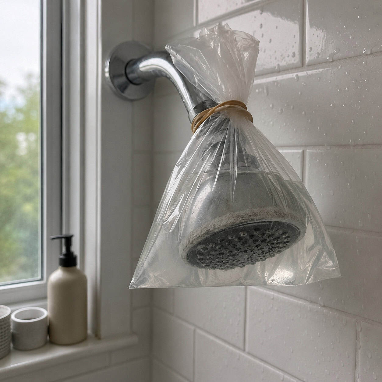 The Overnight Vinegar Bag on the Showerhead