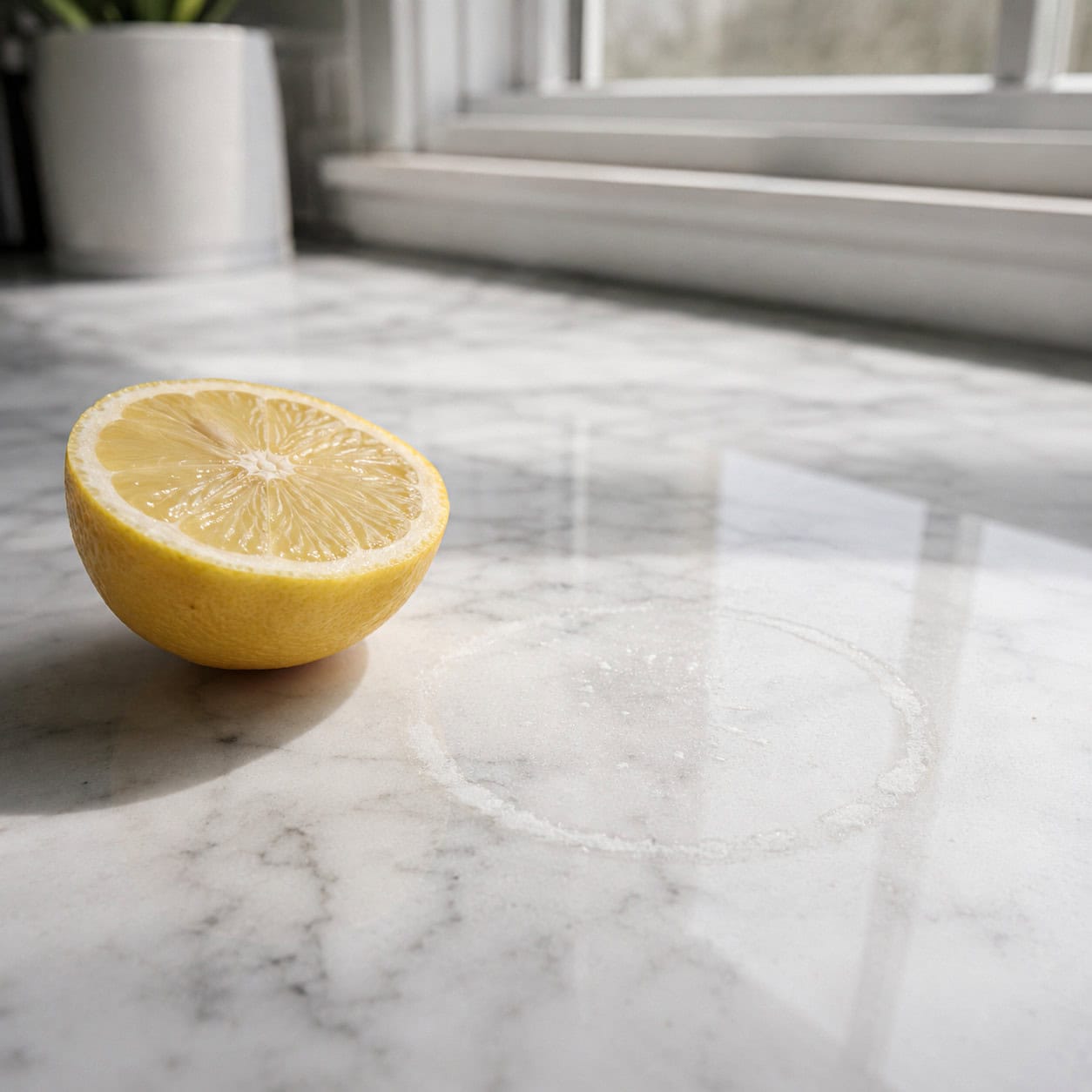 Setting a cut lemon or tomato on marble