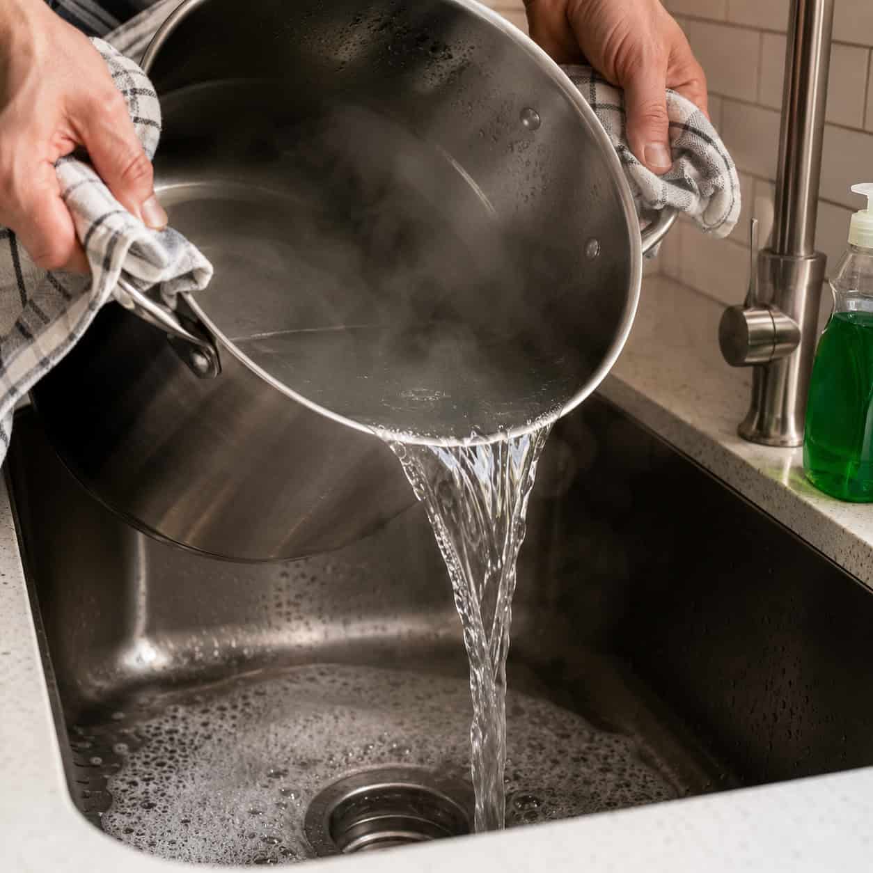 A Pot of Boiling Water and Dish Soap Down the Kitchen Drain