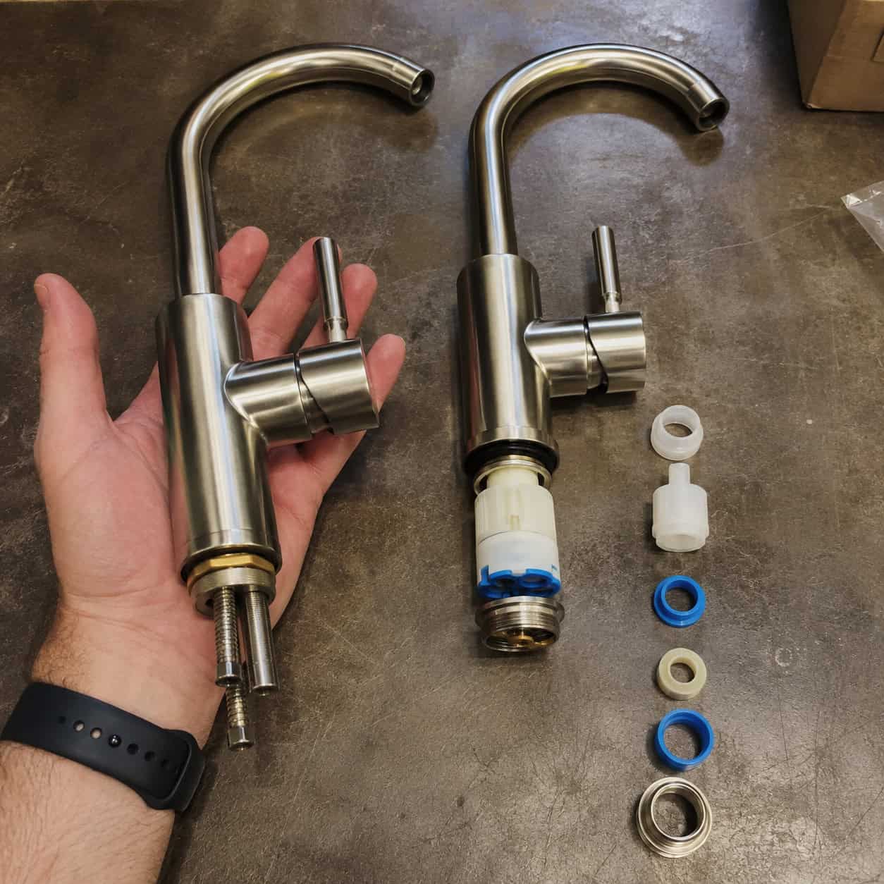 A faucet with plastic guts