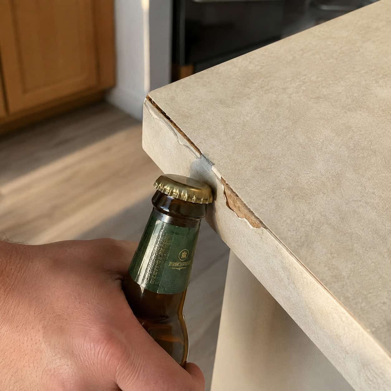 Cracking bottle caps and leaning on laminate edges