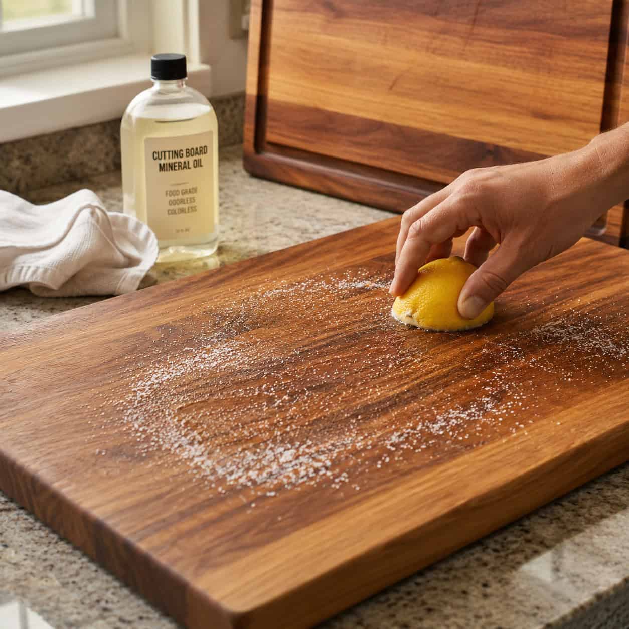 Salt, Lemon, Then Mineral Oil on the Wooden Cutting Board