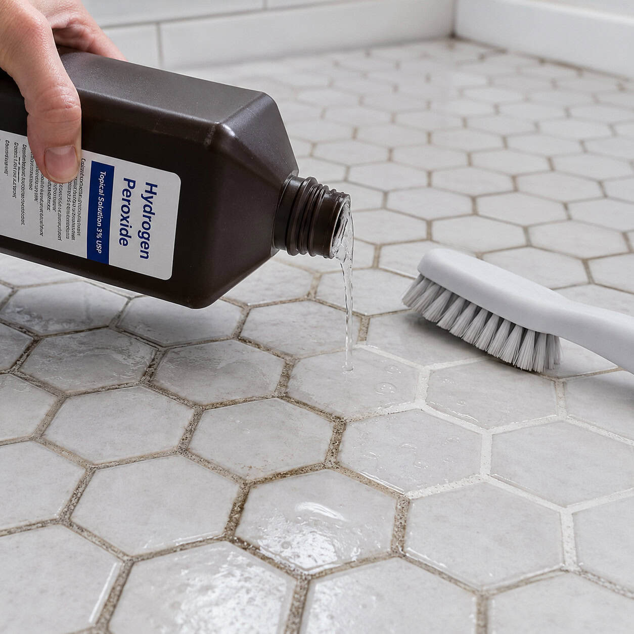 Hydrogen Peroxide Poured Straight Onto Grout