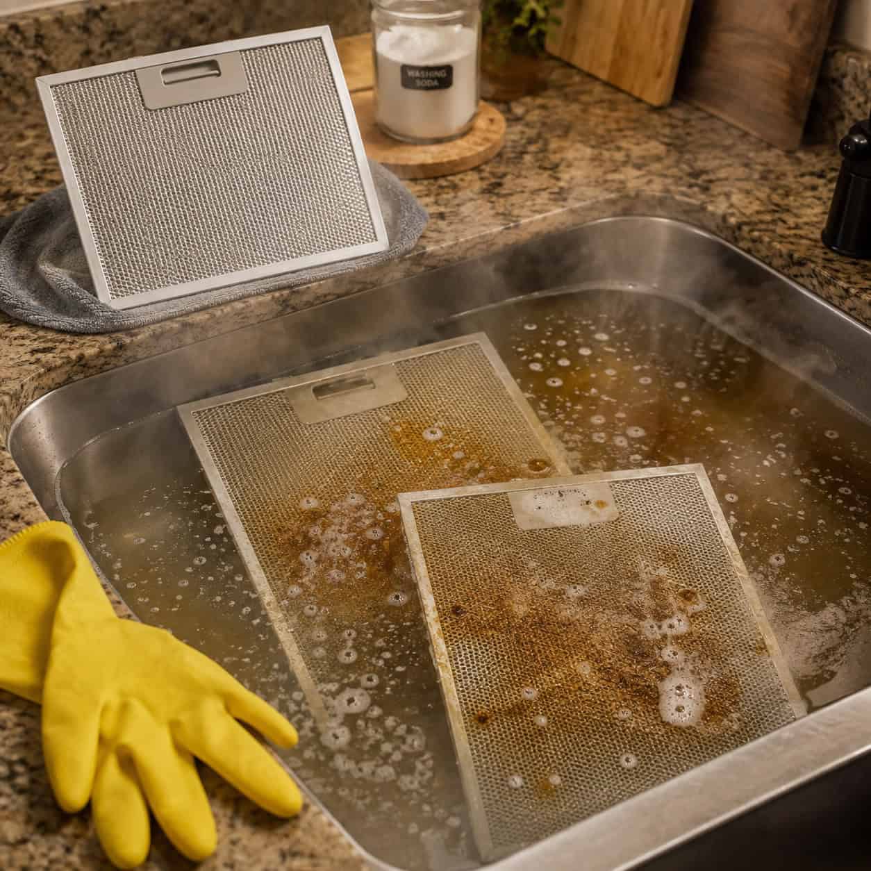 Range Hood Filters Soaked in Washing Soda