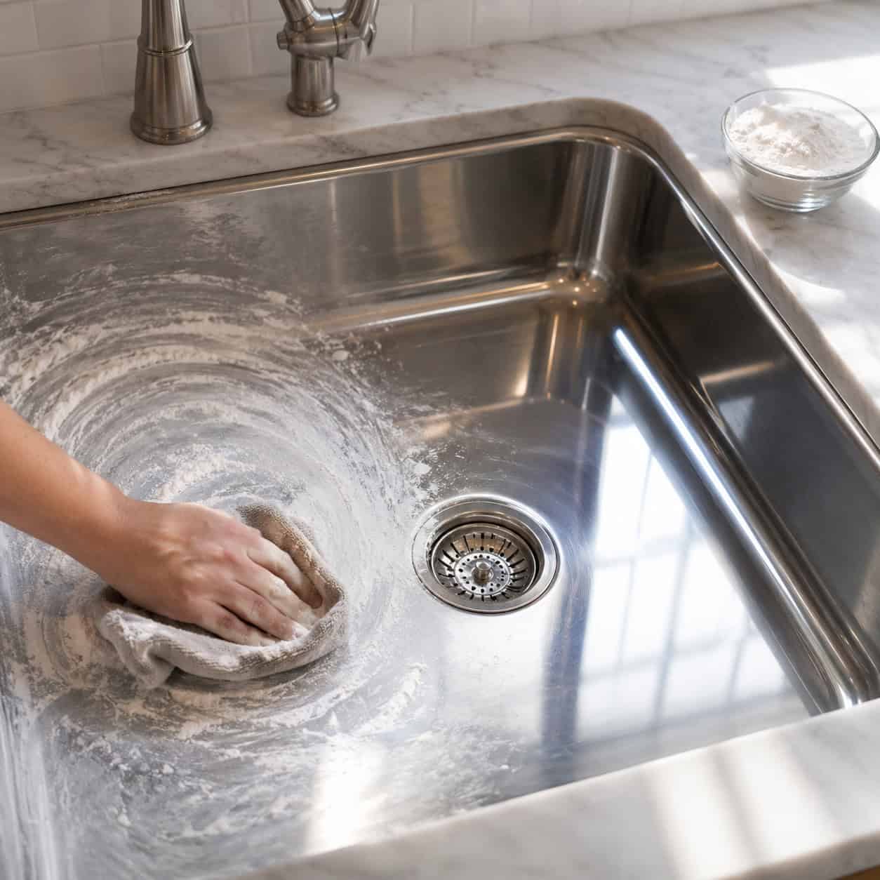 Flour Buffed Over a Bone-Dry Stainless Sink