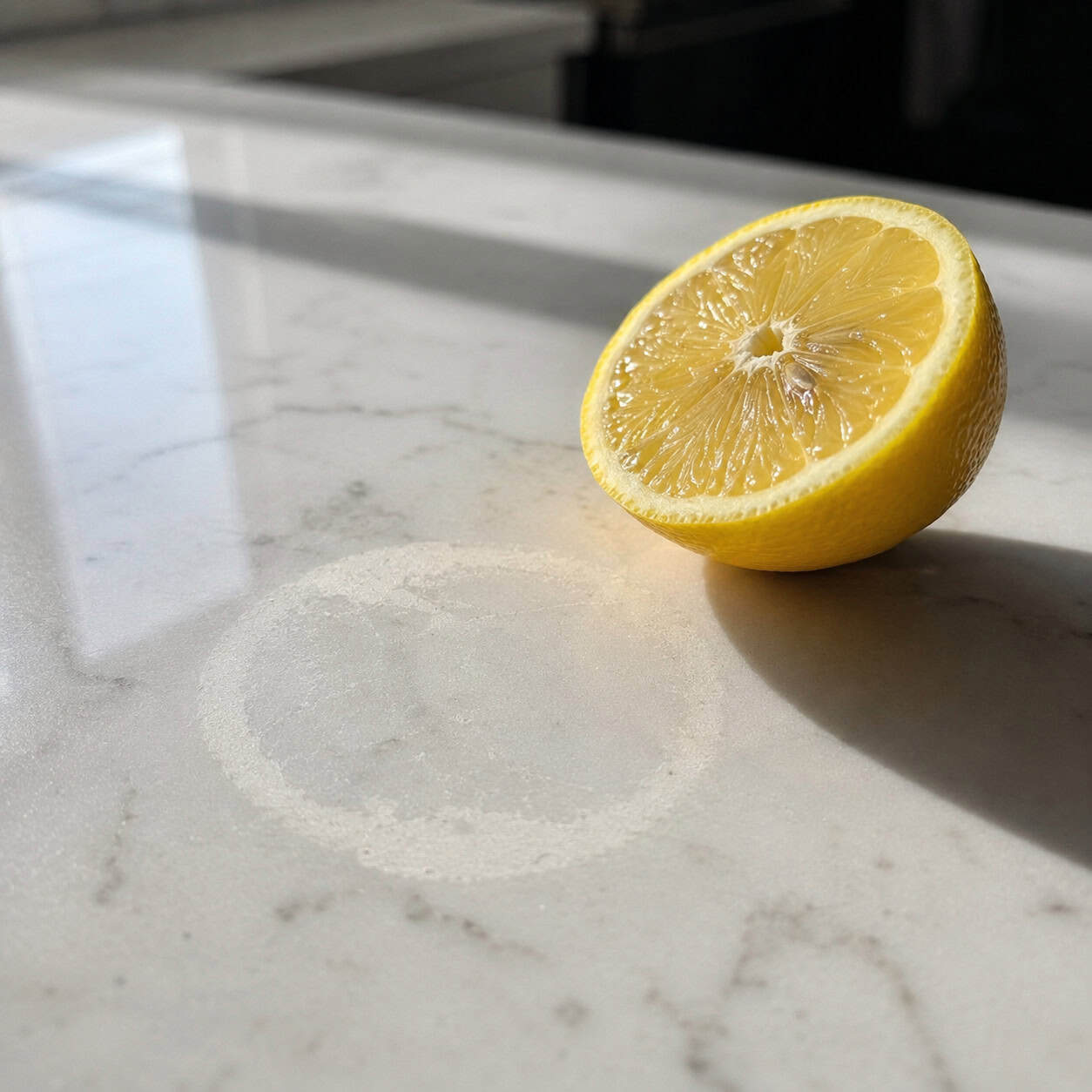 Setting a cut lemon or tomato on marble