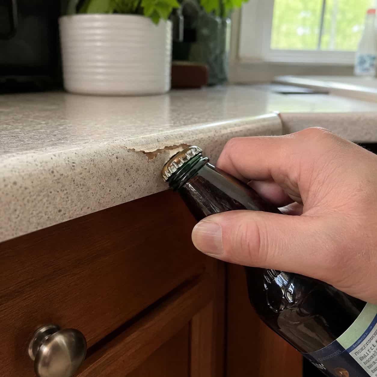 Cracking bottle caps and leaning on laminate edges