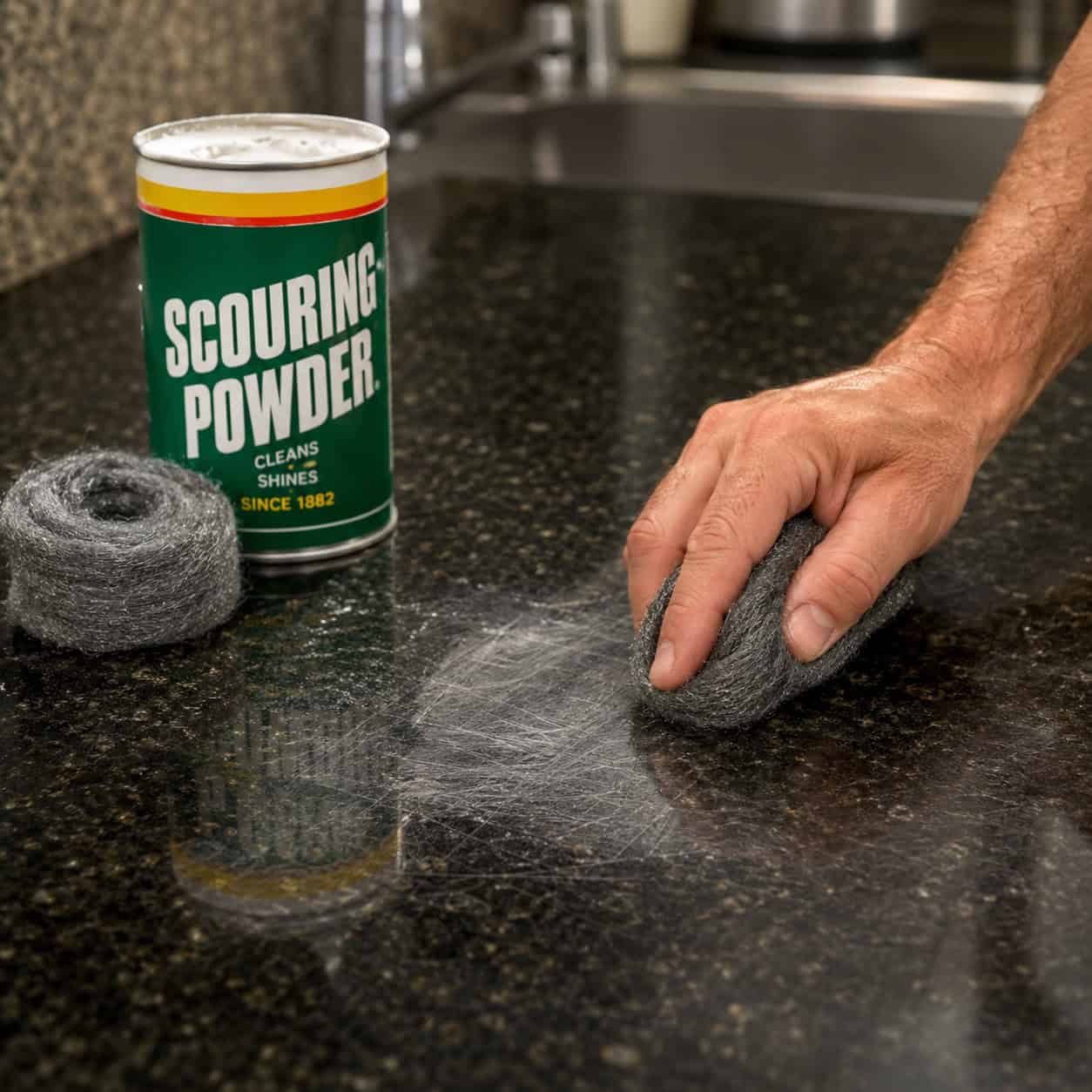 Scrubbing with steel wool and scouring powder