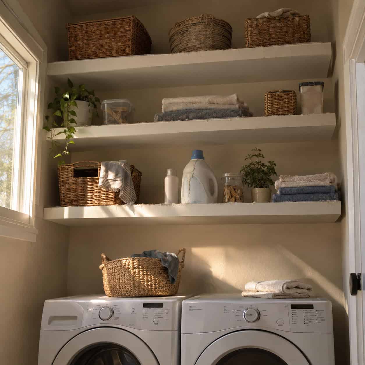 Open Shelving Mounted All the Way to the Ceiling