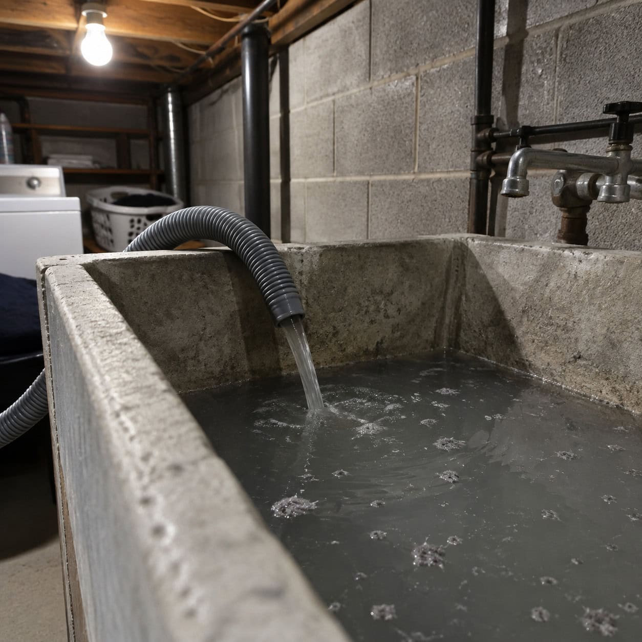 A Washer Hose Draining Into the Utility Sink