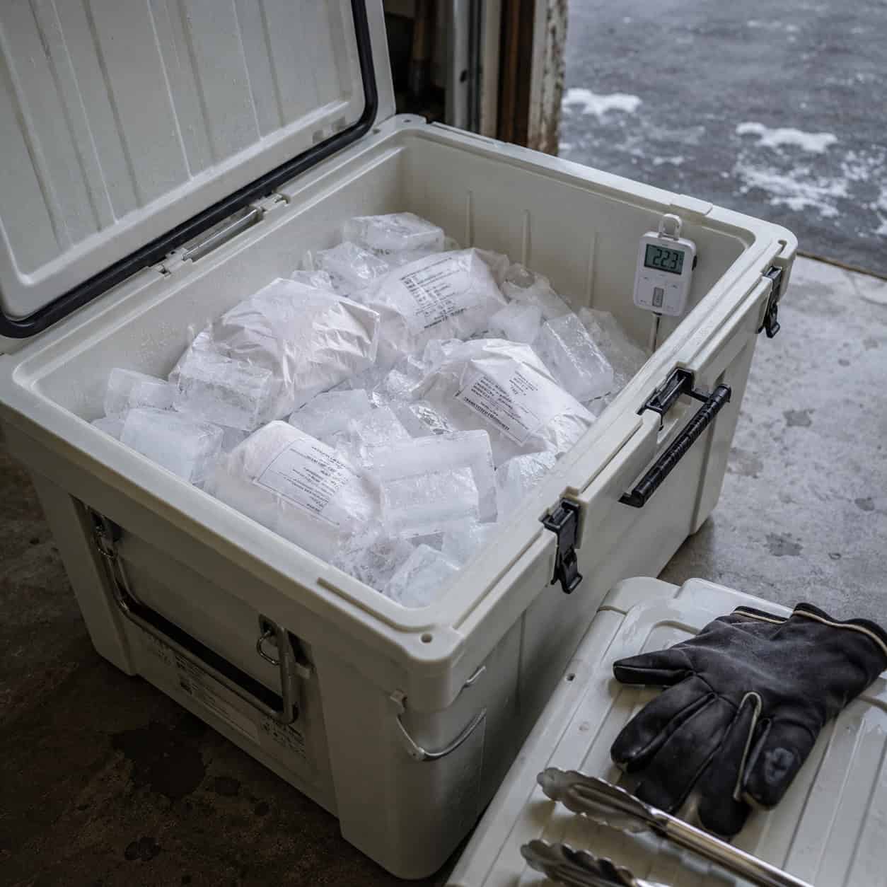 A Cooler, Block Ice, and Dry Ice