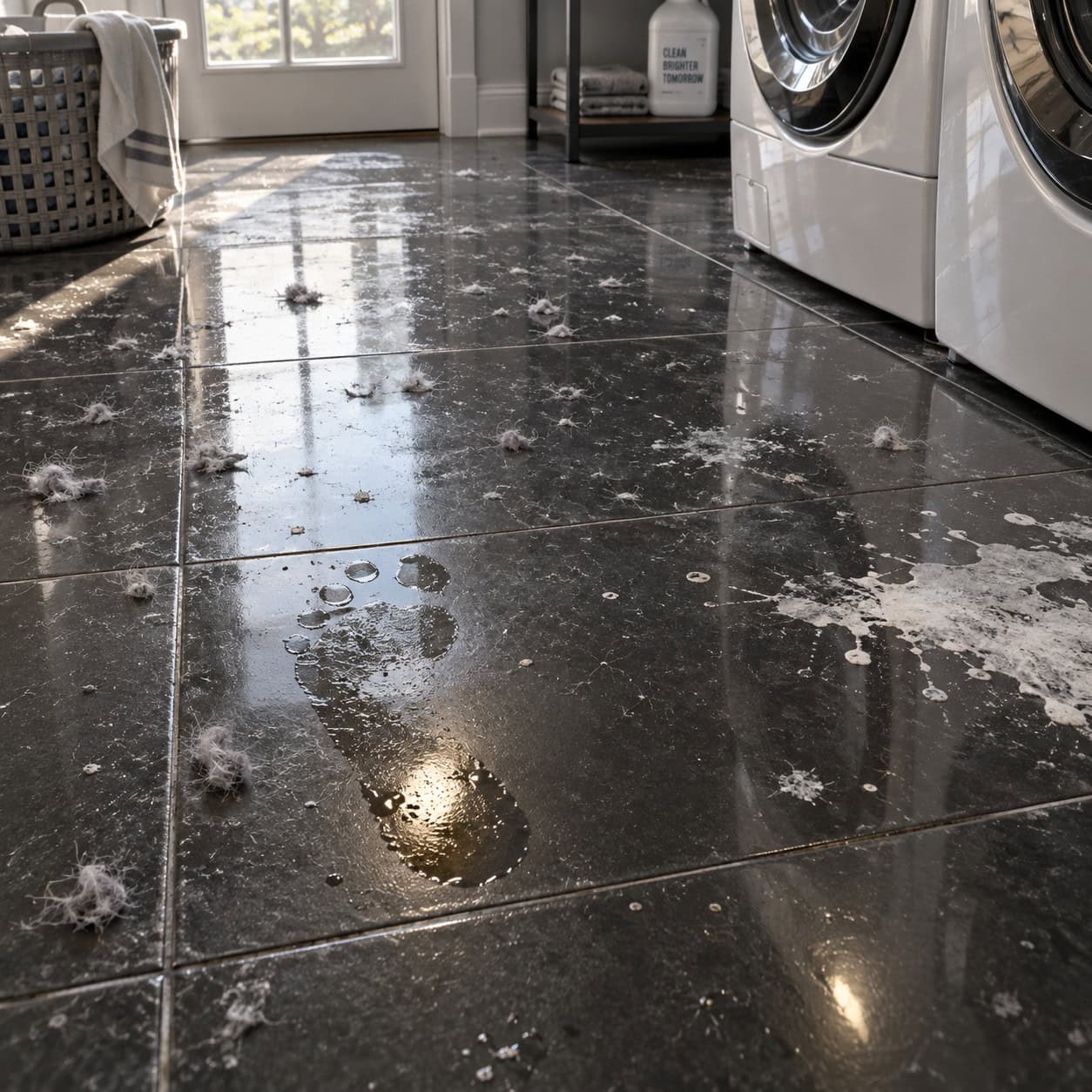 Dark, High-Gloss Tile on the Laundry Floor