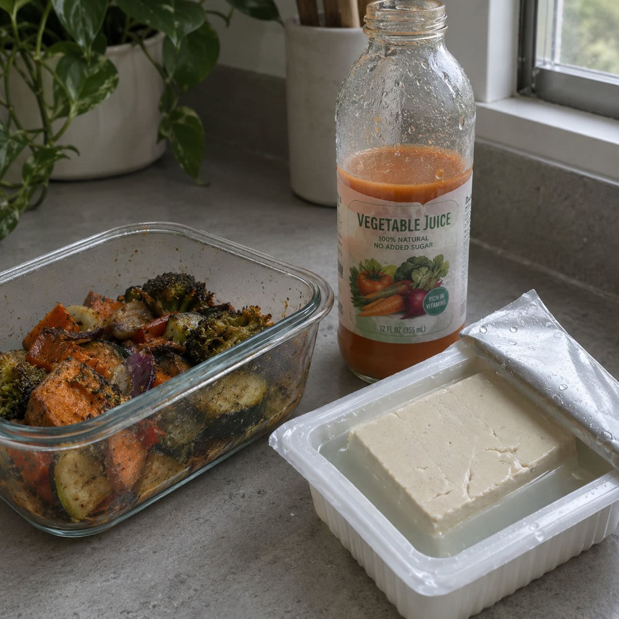 Cooked Vegetables, Tofu, and Opened Vegetable Juice