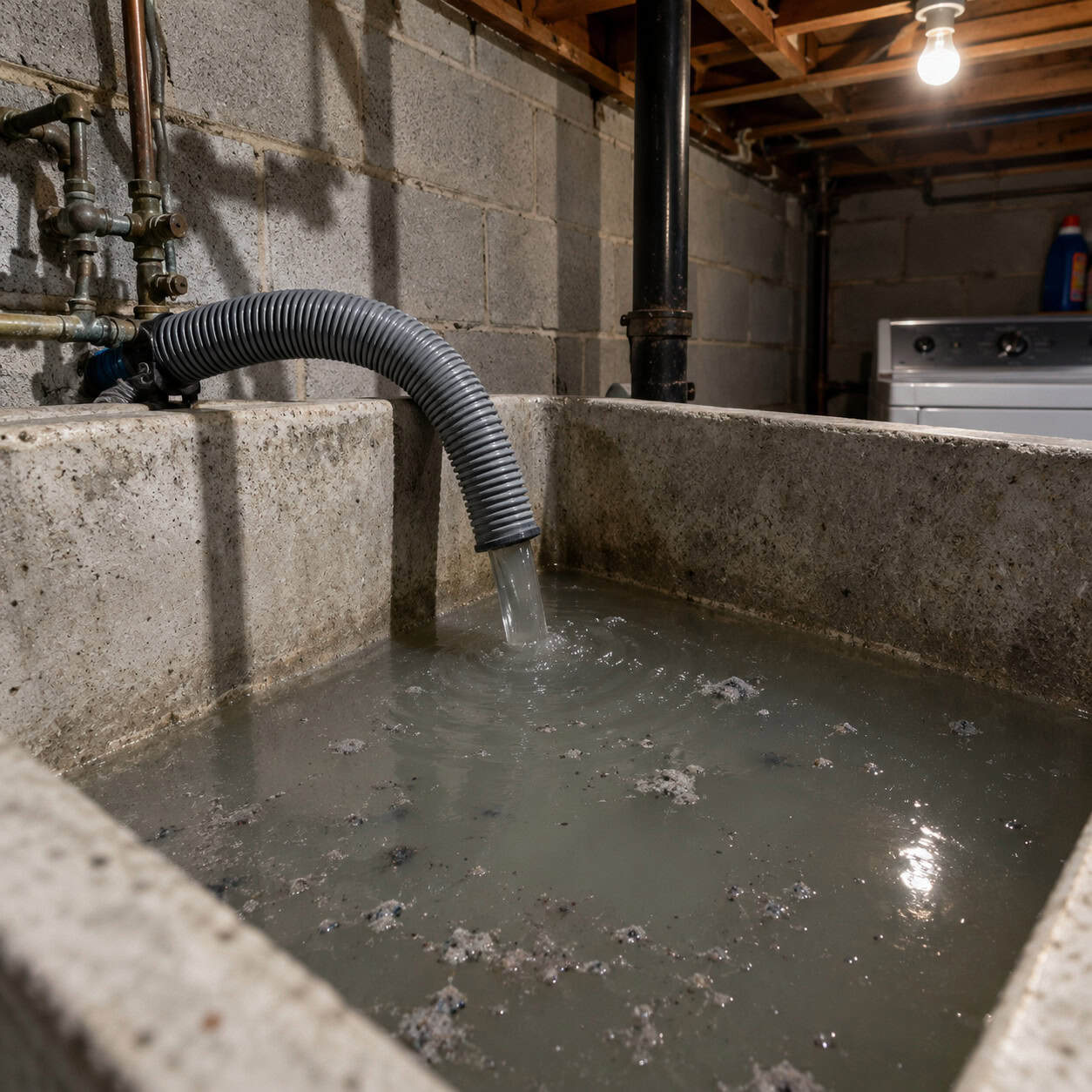 A Washer Hose Draining Into the Utility Sink