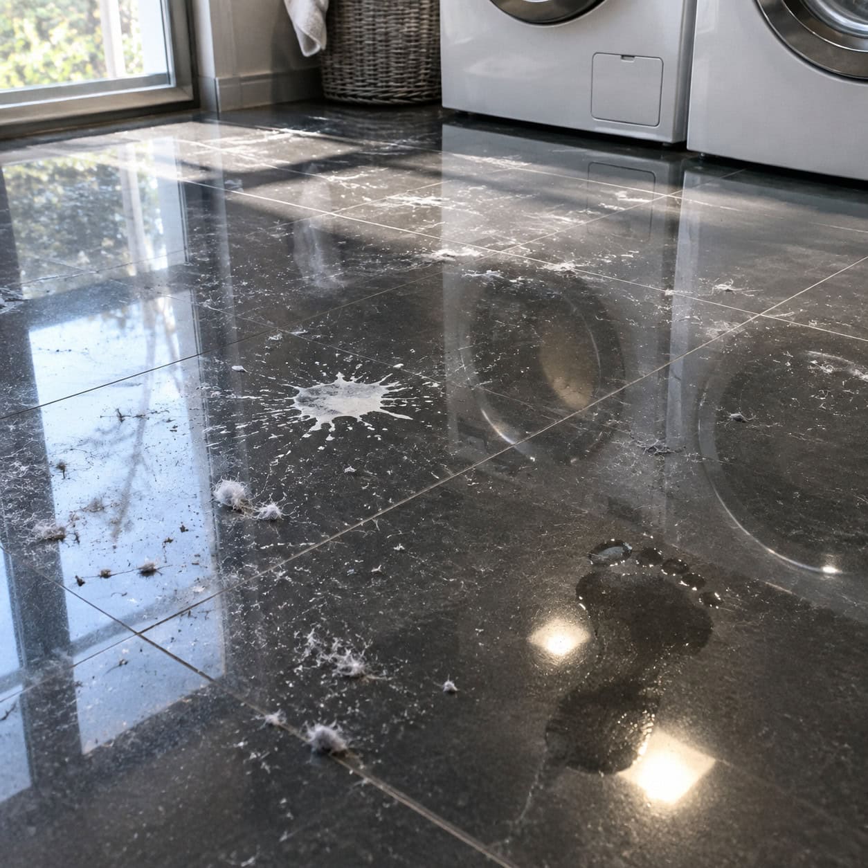 Dark, High-Gloss Tile on the Laundry Floor