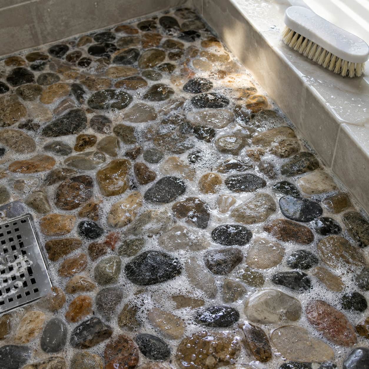 River-Rock Pebble Shower Floor