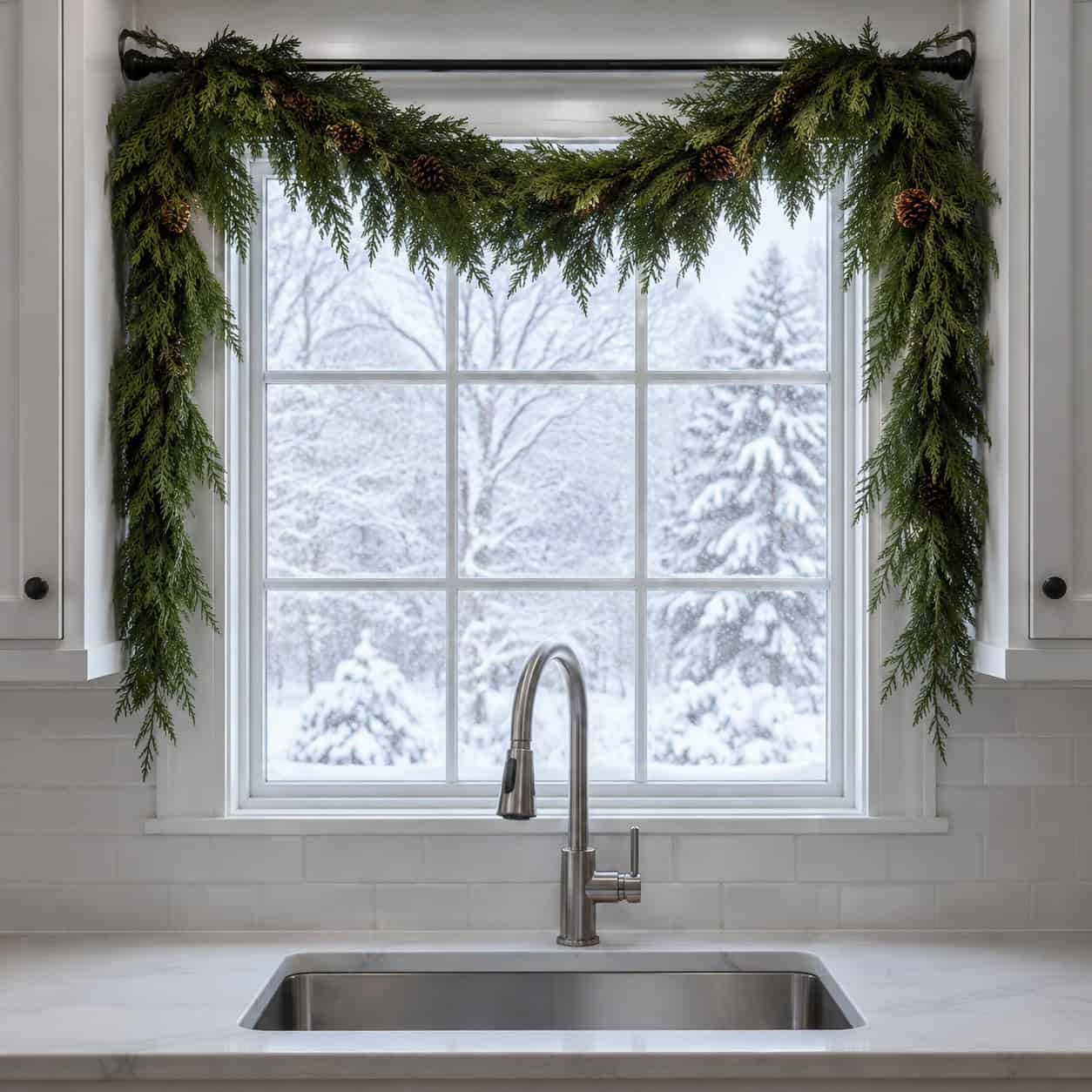 Garland Across the Window Over the Sink