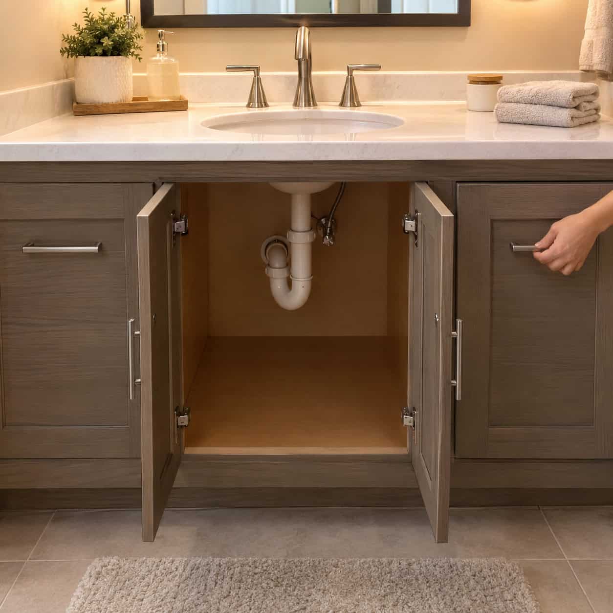 Fake Drawer Fronts Flanking the P-Trap