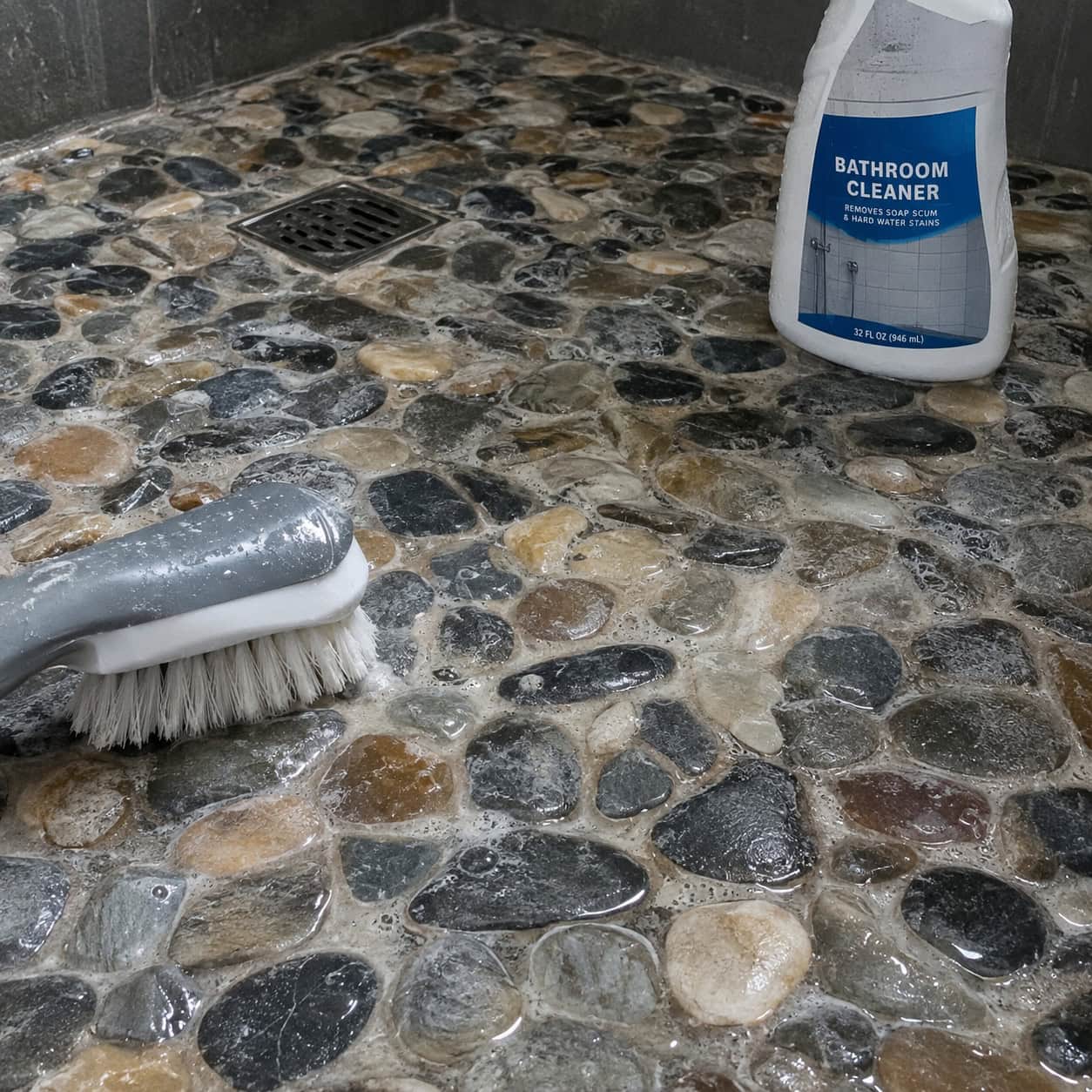 A pebble shower floor