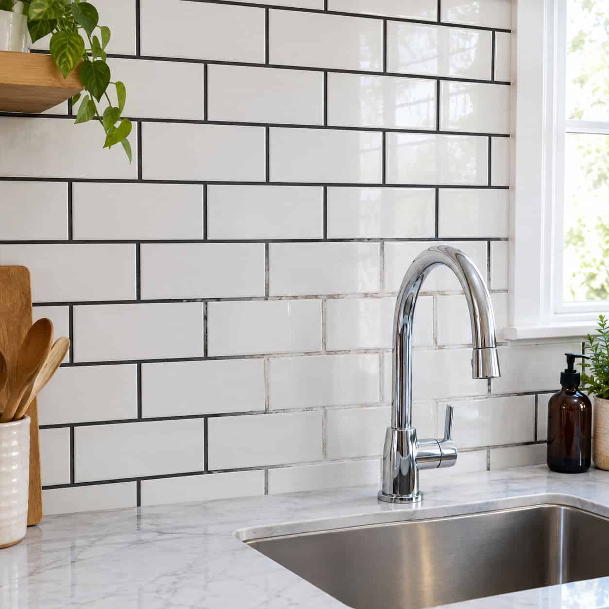 Glossy 3x6 White Subway With Charcoal Grout