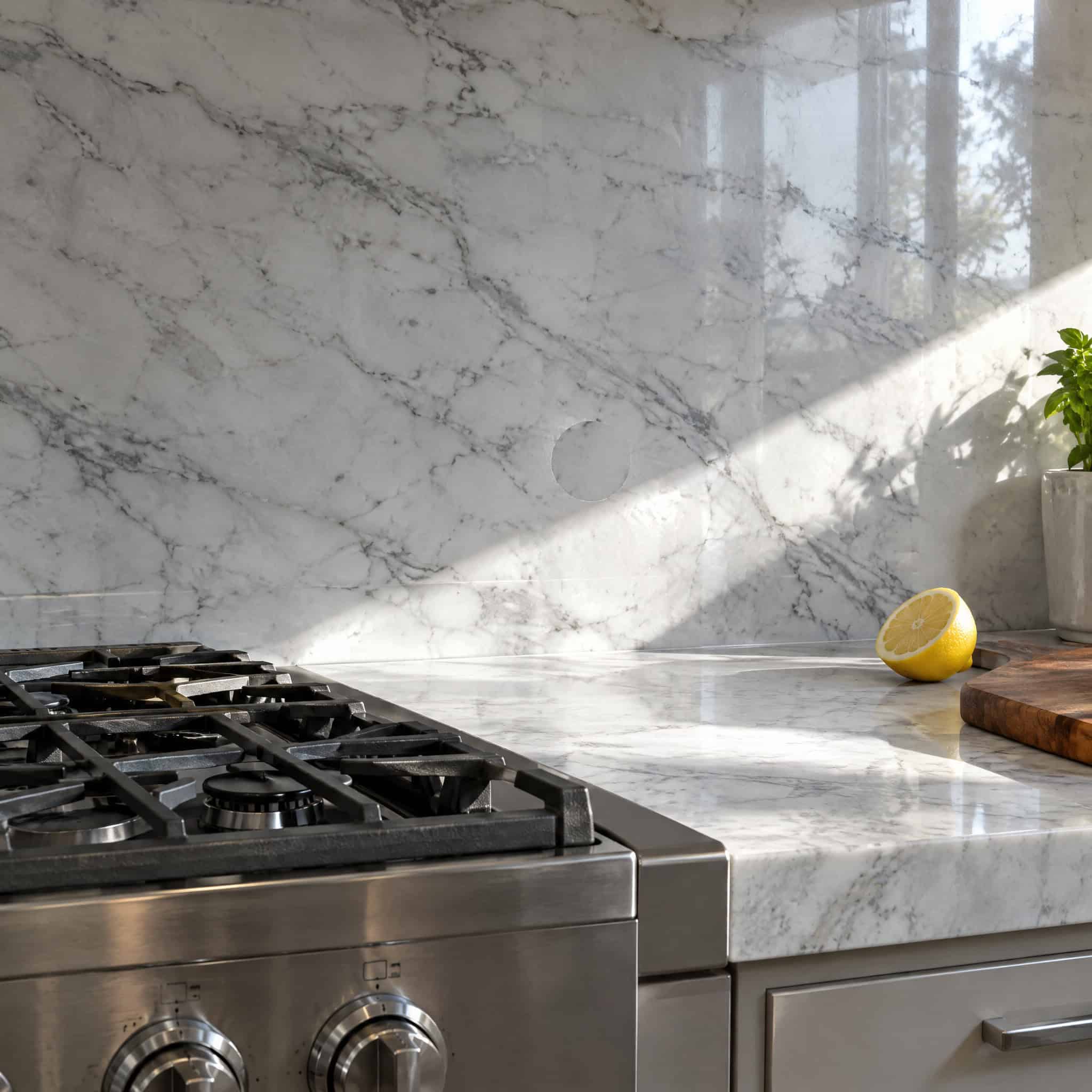 Polished Carrara Marble Behind the Range