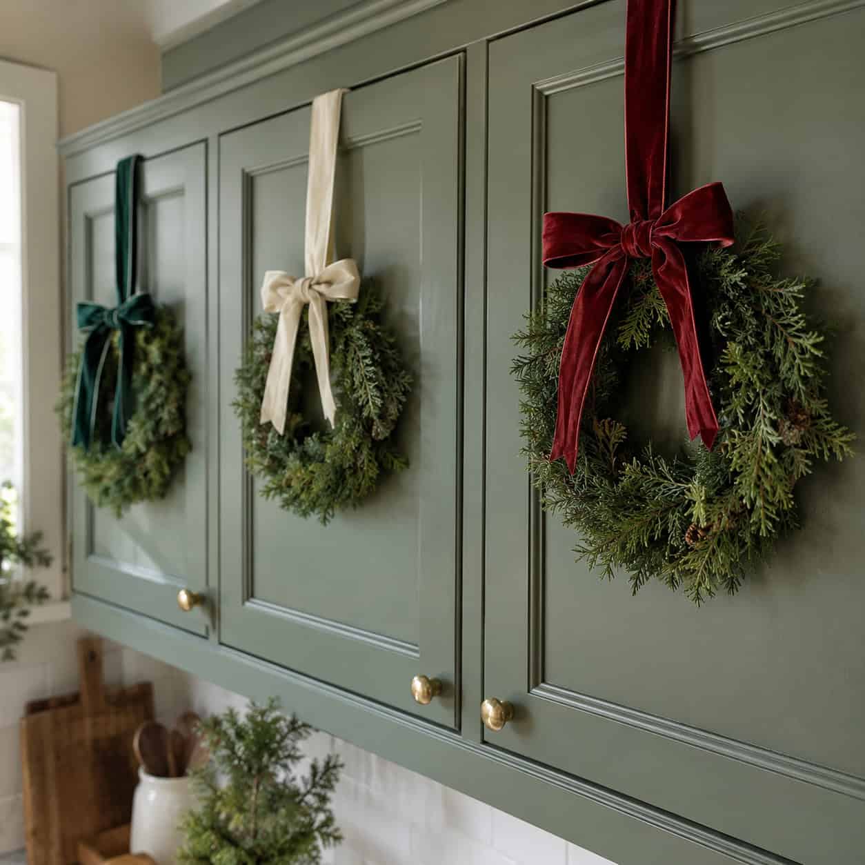 Mini Wreaths and Velvet Bows on the Cabinet Fronts