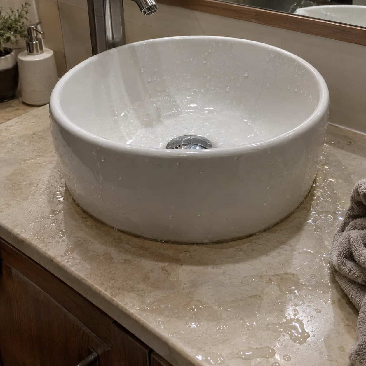 A vessel sink on a standard-height vanity