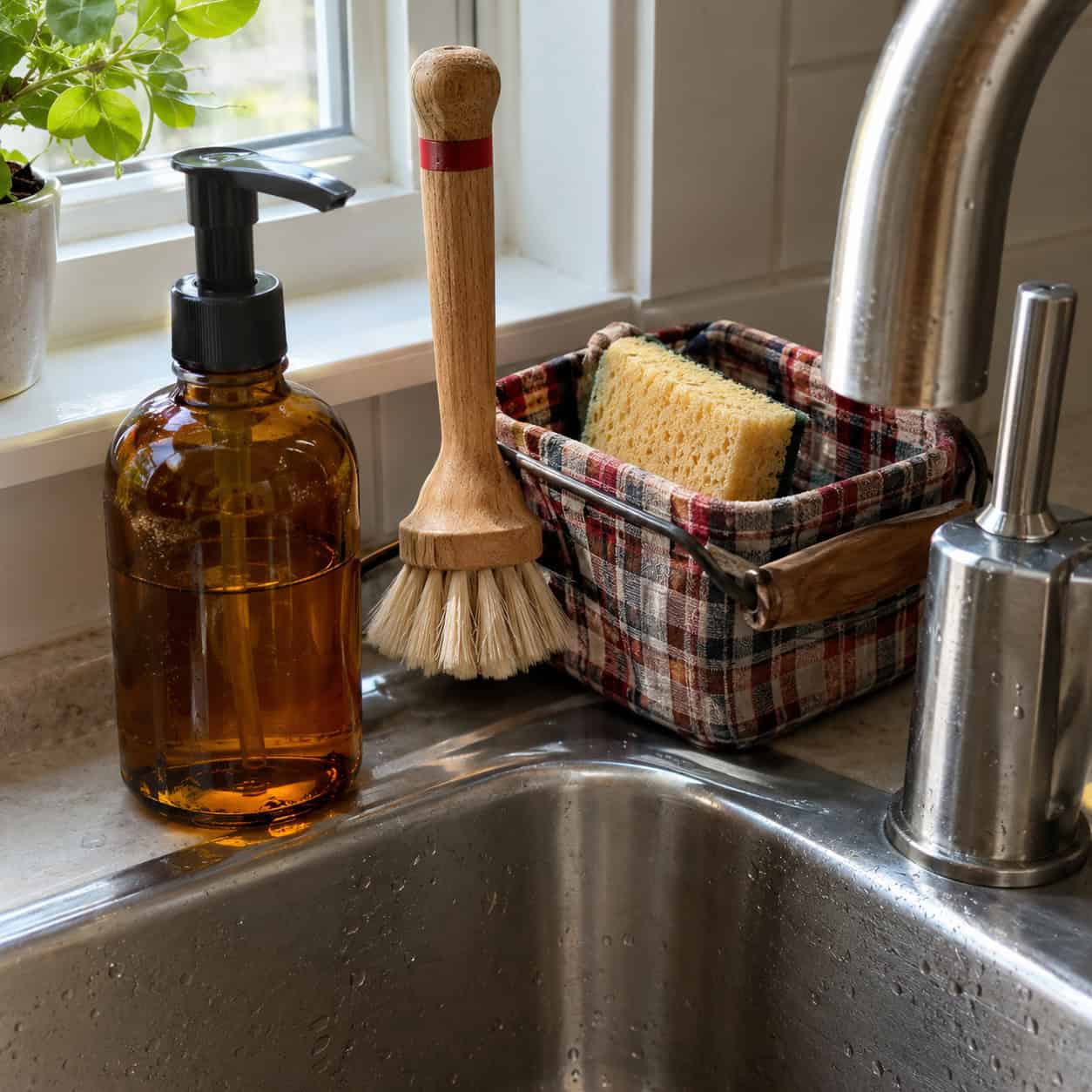 A Festive Soap Pump, Dish Brush, and Sink Caddy