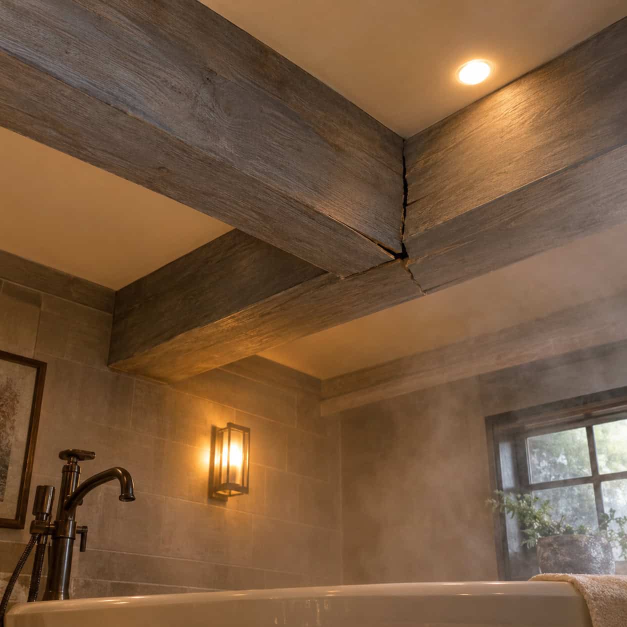 Faux Viga Beams Over the Tub