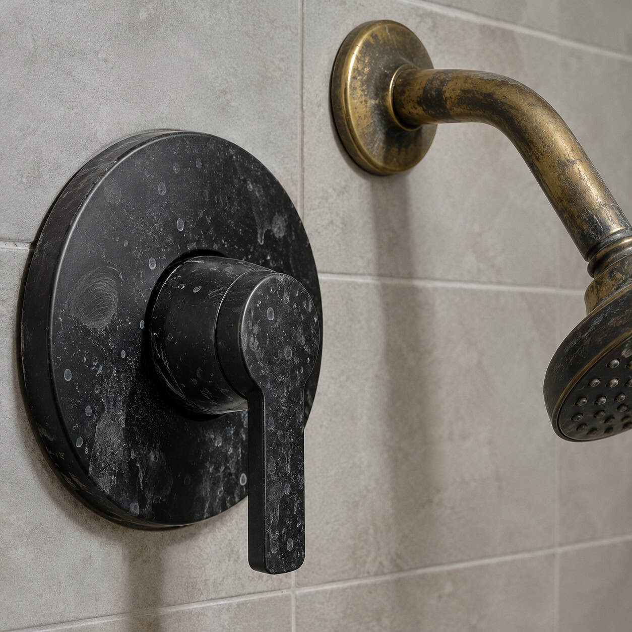 Matte Black and Unlacquered Brass Shower Trim