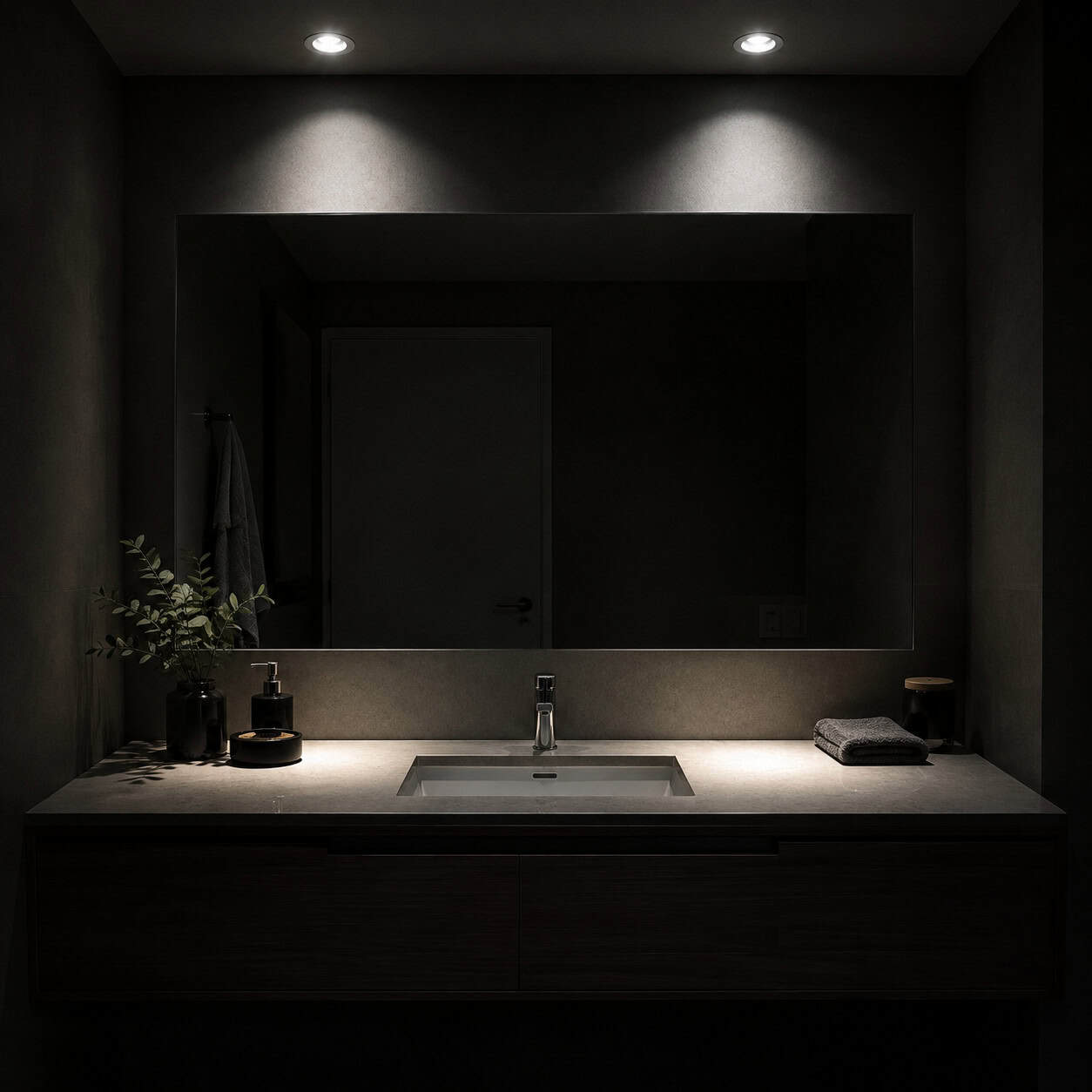 Recessed cans over the mirror as the only light