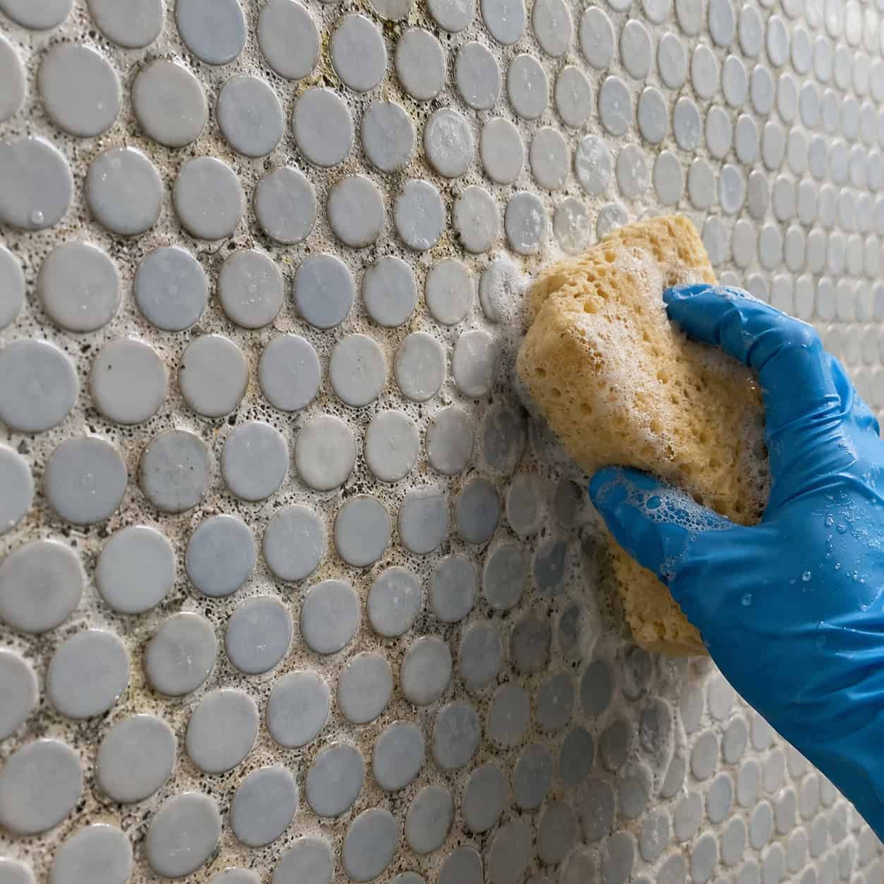 Penny tile or tiny mosaic on the shower walls